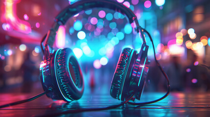 Glowing headphones illuminate the vibrant night