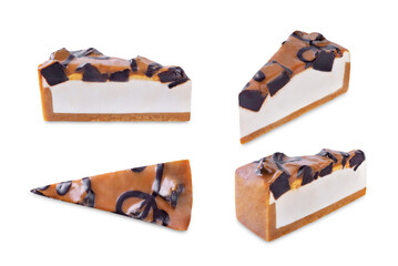 Caramel brownie cheesecake on a white isolated background