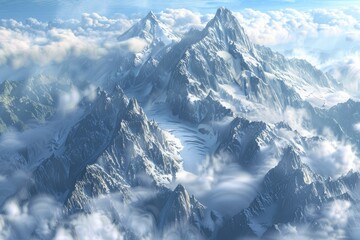 Majestic mountain range with snow-capped peaks as your 3D zoom background, surrounded by swirling clouds