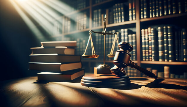 marteau et balance de justice dans une biblioth&egrave;que