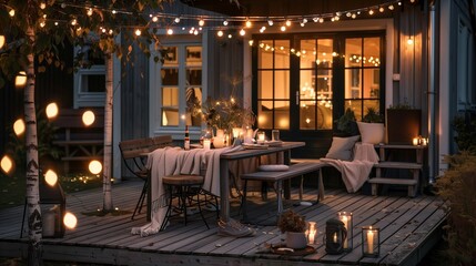 Scandinavian-inspired outdoor dining area with string lights and cozy blankets
