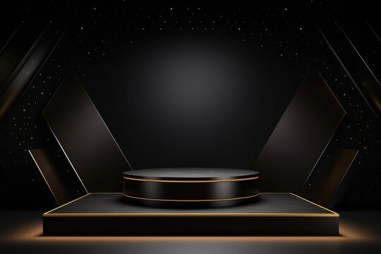 3d rendering of a black and gold podium with spotlights in the background