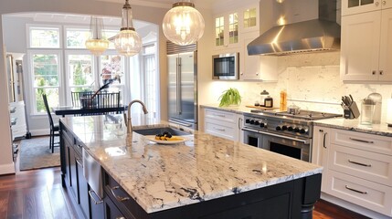 Stylish kitchen with marble countertops and stainless steel appliances