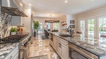 Stylish kitchen with marble countertops and stainless steel appliances
