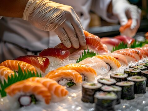 Masterful Sushi Chef Carefully Selecting the Perfect Cut of Fresh Fish with Intense Focus and Precision
