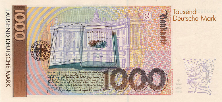 1000 Tausend deutsche Mark Rückseite historisch alt Geldschein Banknote Währung Gebrüder Grimm Bundesbank Frankfurt Deutschland Bundesrepublik	