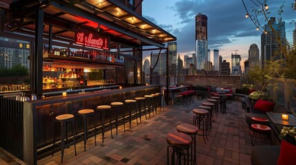 Urban rooftop bar with industrial-style stools and skyline views