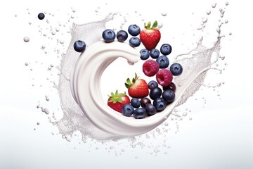A splash of milk with blueberries, raspberries and strawberries.