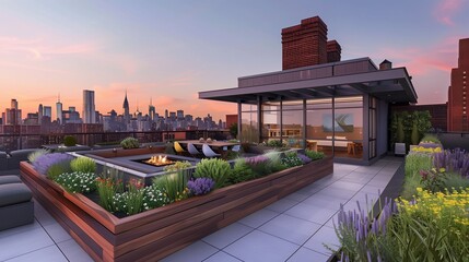 Urban rooftop garden with raised planters and panoramic city views
