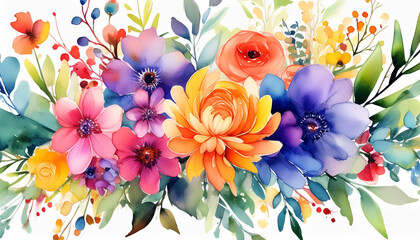 Watercolor lush flowers, mixed flowers, summer, illustration
