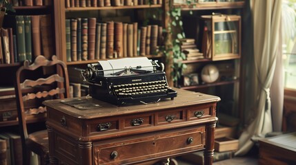 Vintage-inspired home office with antique furniture and typewriter