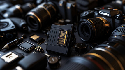 Secure Digital (SD) Card A product shot of a secure digital (SD) card surrounded by camera...
