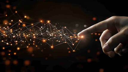 A digital graphic showcases a hand-touching abstract digital network with data points and interconnected nodes, symbolizing complexity and interconnectedness. 