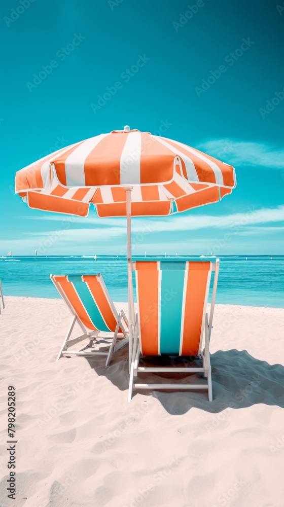 Poster two beach chairs and an umbrella on a sandy beach, ai