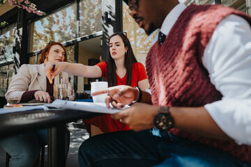 Three business entrepreneurs engaged in a discussion at a casual outdoor business meeting,...