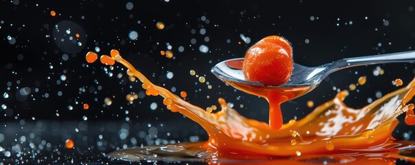 A dynamic image captures a bright yellow egg yolk splashing dramatically off a spoon, suspended in mid-air. - obrazy, fototapety, plakaty