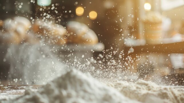 Defocused image 3 A hazy swirl of flour and sugar dust hangs in the air catching the light and creating a dreamy magical atmosphere in the early morning bakery. .