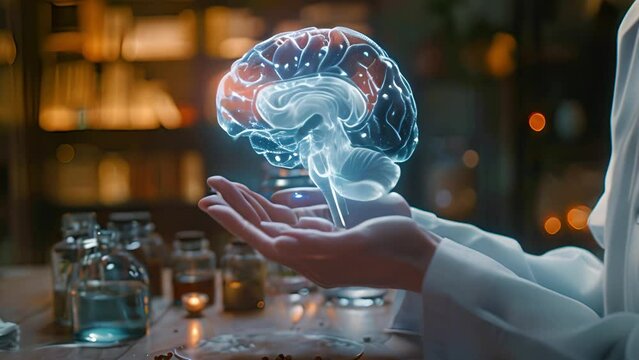 A researcher examines a glowing blue brain hologram in a lab setting.