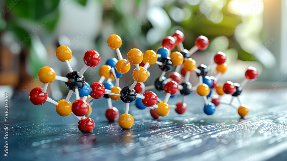 Poster a model of a molecule is displayed on a wooden table. the molecule is made up of many small balls, e