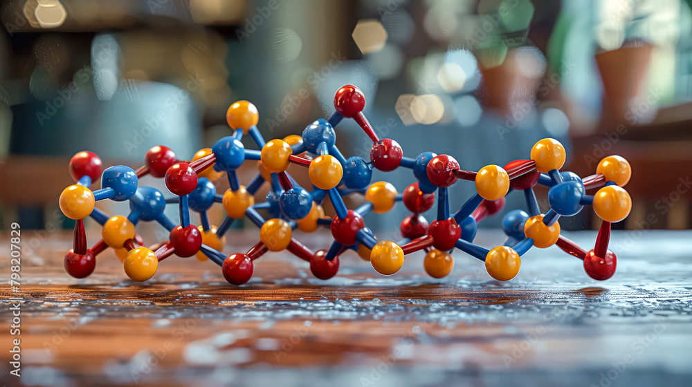 Poster a model of a molecule is displayed on a wooden table. the molecule is made up of many small balls, e