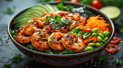   A focused image of a dish containing shrimp, peas, carrots, and broccoli on a table