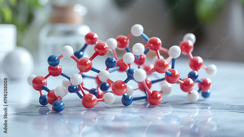 Poster a model of a molecule is displayed on a wooden table. the molecule is made up of many small balls, e