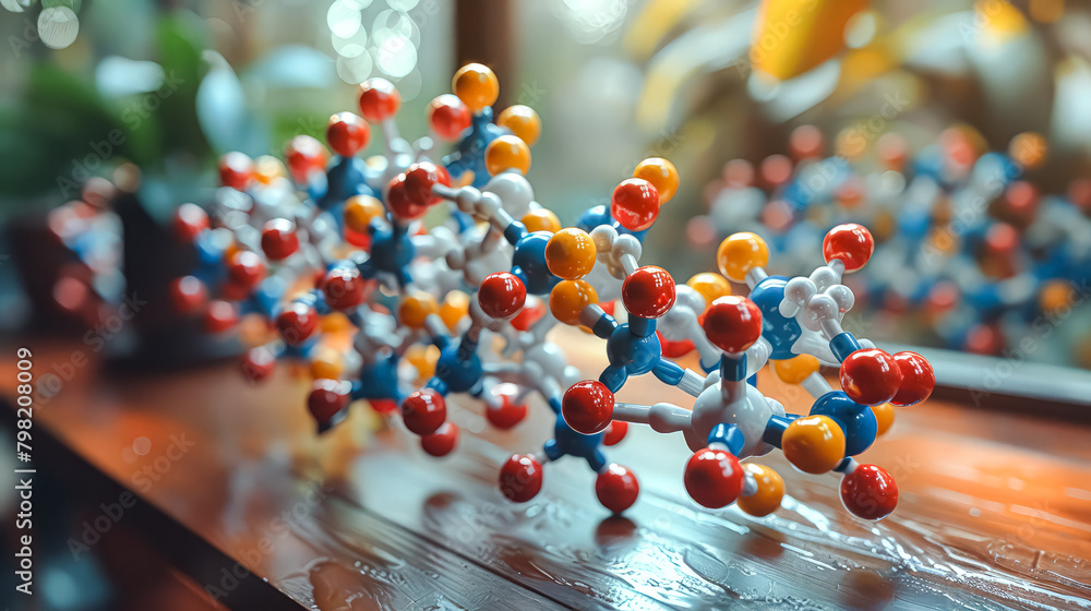 Poster a model of a molecule is displayed on a wooden table. the molecule is made up of many small balls, e