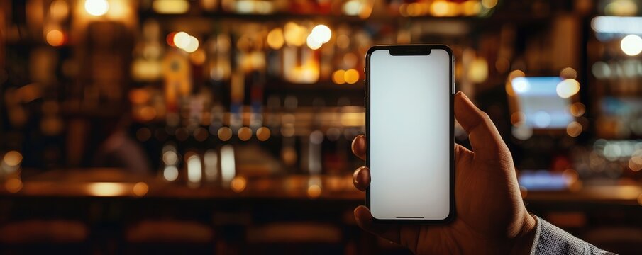 hand holding a smartphone with a blank screen in a lively bar with colorful shelves of bottles in the background