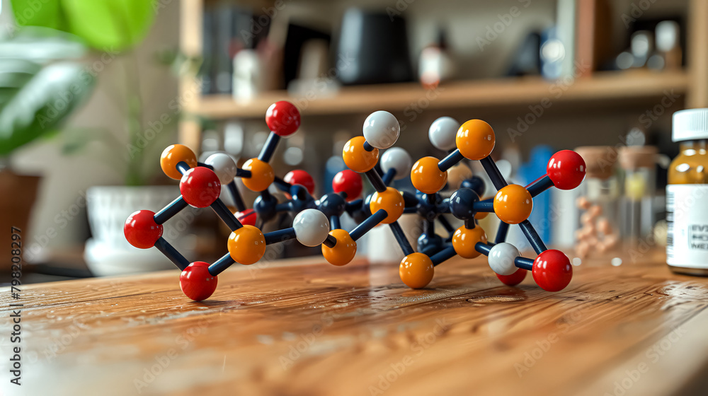 Poster a model of a molecule is displayed on a wooden table. the molecule is made up of many small balls, e