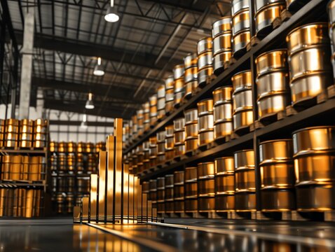 A warehouse full of stacked oil barrels, with a large golden bar graph rising from the floor, symbolizing increasing profits