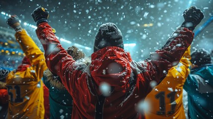 Man in Red and Yellow Jacket Standing in Snow. Generative AI