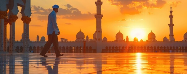 A calm silhouette of a person walking towards a grand mosque during a spectacular sunset portrays serenity and spirituality - obrazy, fototapety, plakaty