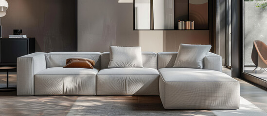 Close-up Modern cozy living room home interior design with upholstered modular white soft sofa, nobody.  