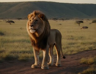 lion walking down a dirt road in the wild