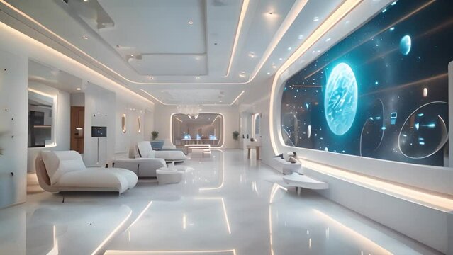 A modern, futuristic living room with a large window displaying a cosmic view.
