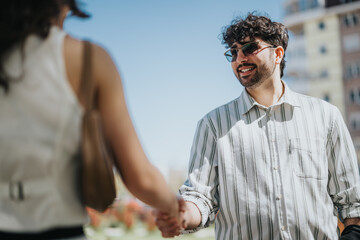 A cheerful business executive in casual attire shaking hands with an unseen person, symbolizing...