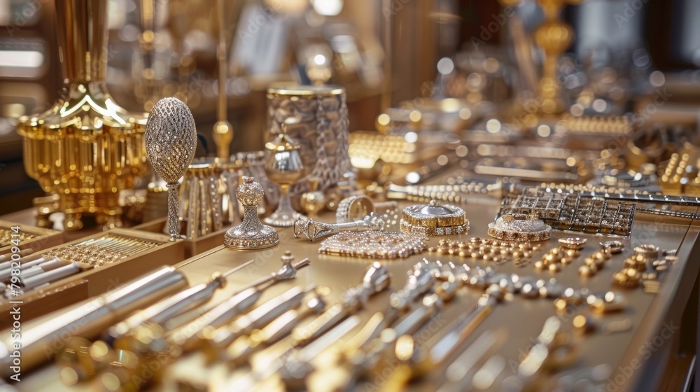 Poster Soft hues of gold and silver blend in a defocused display of intricate tools and precious materials transporting the viewer to a world of luxury and craftsmanship. .