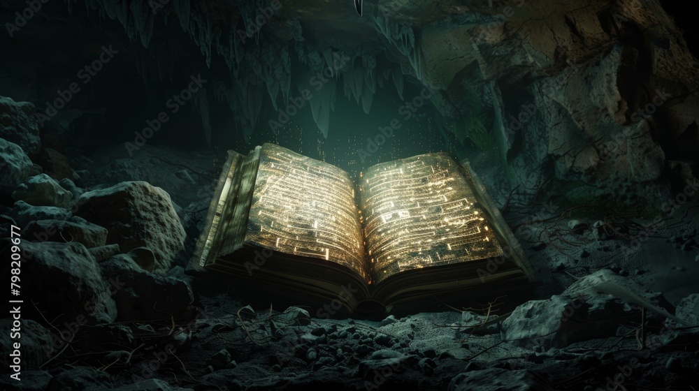 Poster in the dark depths of a hidden cave an illuminated mcript floats in the air its pages turning on the