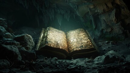 In the dark depths of a hidden cave an illuminated mcript floats in the air its pages turning on their own accord. The ancient symbols . .