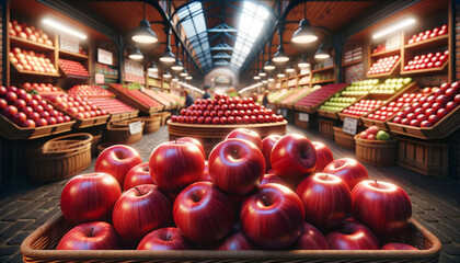 Bunch of ripe red apples in market