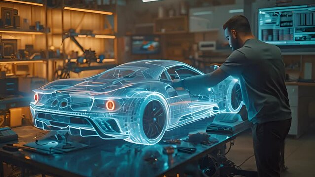 A professional works on an advanced holographic car model in a modern lab.