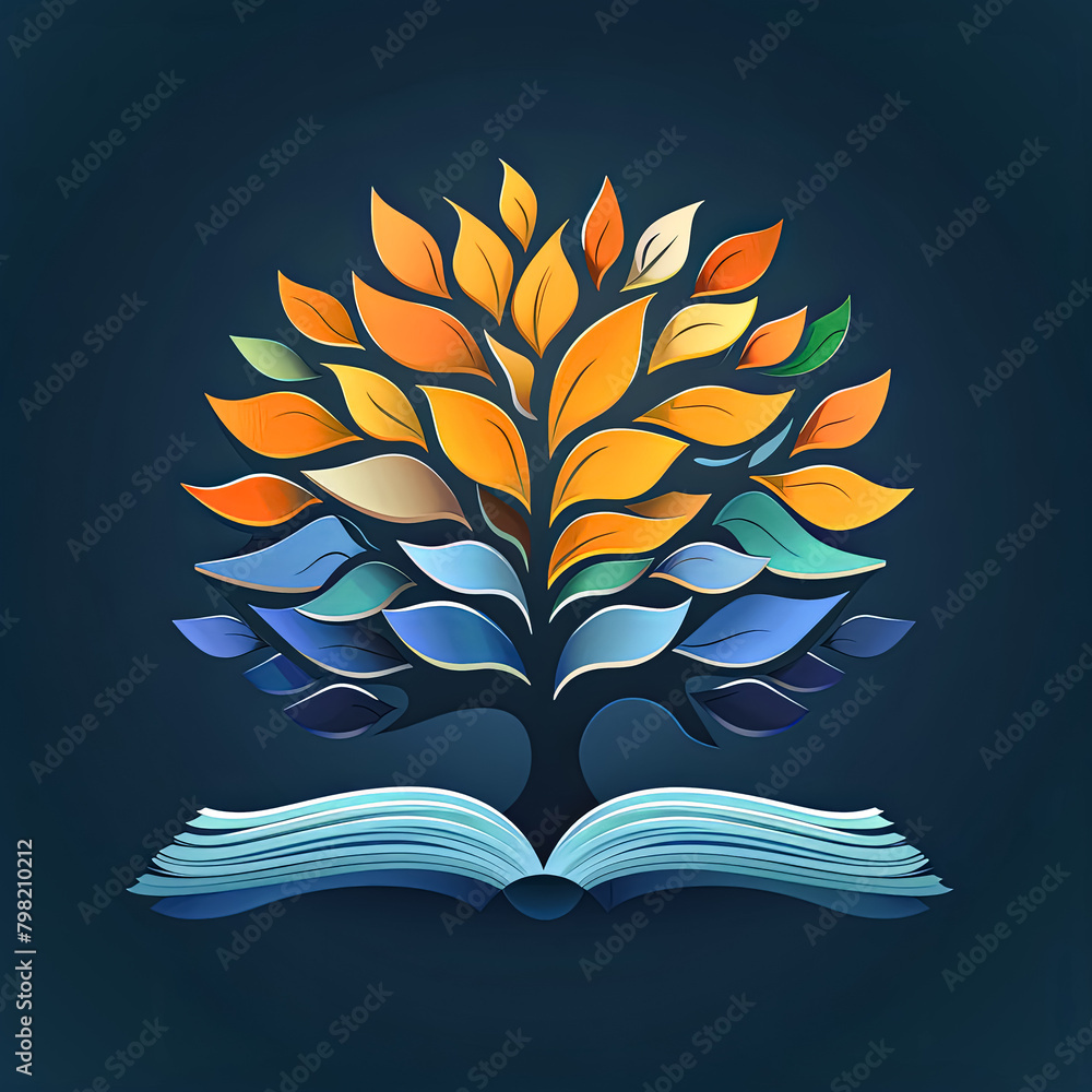 Poster a tree with leaves of different colors is shown on a blue background. the tree is open to a book, wh