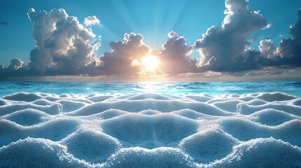  The sun illuminates the clouds above the ocean, casting foamy waves upon the shore and revealing the sandy ocean floor below