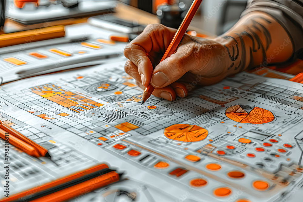 Aufkleber a man is drawing on a piece of paper with a pen. he is creating a design that is both intricate and 