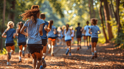 A group of people are running in a forest. The girl in the front is wearing a gray shirt and black shorts