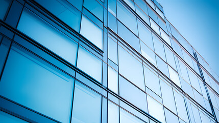 A modern skyscraper with blue glass windows