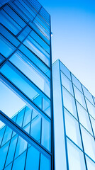 A modern skyscraper with blue glass windows