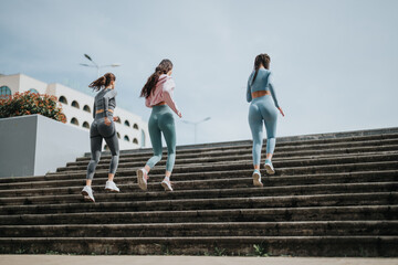 A trio of female friends in sportswear ascend steps together during a fitness routine in the city.