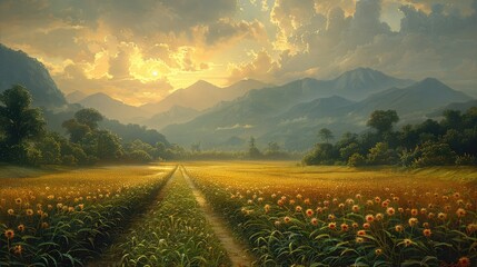 A painting of a field with mountains in the background