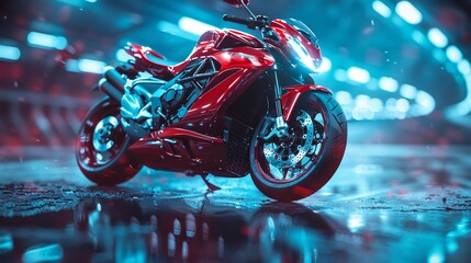 Red Motorcycle Parked on Wet Ground. Generative AI